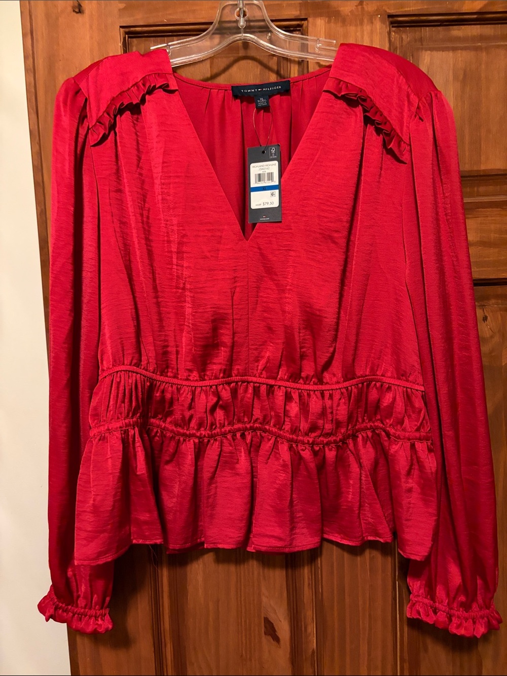Tommy Hilfiger Red V-Neck Ruffle Peplum Top